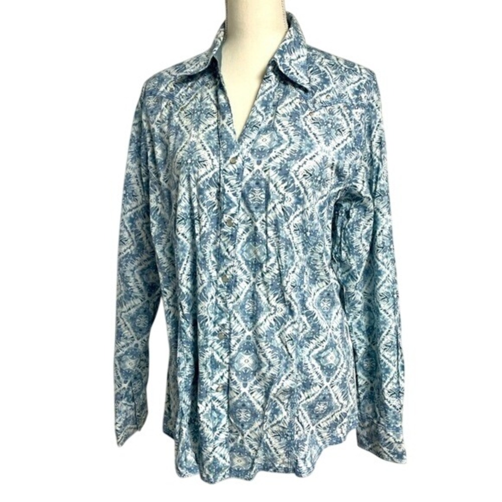 Wrangler Western‎ V Neck Pearl Snap Silver Studded Blue Shirt Womens XL